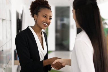Başarılı genç Afrikalı iş kadını öğrenci ve şirket çalışanı ile el sıkışıyor. Seminerden sonra ofis tahtasındaki meslektaşlarına el sıkışıyor, gülümsüyor, gülüyor.