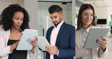 Modern ofisteki dijital tabletleri kullanarak, kurumsal uygulamaları inceleyerek, sunum geliştirerek, uzaktan iletişimi yöneterek, kolaj görünümünü düzenleyerek, resmi takım elbise giymiş üç çok uluslu iş adamı.