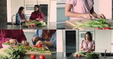 Sağlıklı yemek, dengeli, vejetaryen yaşam tarzı kolajı. Çeşitli kadınlar evde pişirilen taze yemekleri, mutfakta besleyici yemekleri, refahı, aile bağlarını ve dikkatli beslenmeyi koruyorlar. Mutfak.