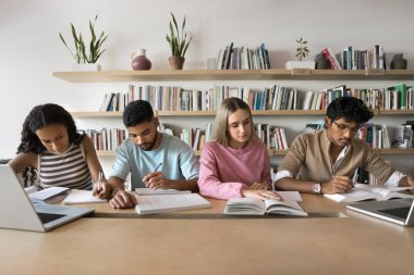 Yüksek öğrenim. Çok ırklı grup çeşitliliğindeki z öğrencileri kütüphanede ya da sınıf gözden geçirme materyallerinde öğrenim görürler araştırma projeleri üzerine çalışmalar yaparlar not defterlerinden notlar alırlar.