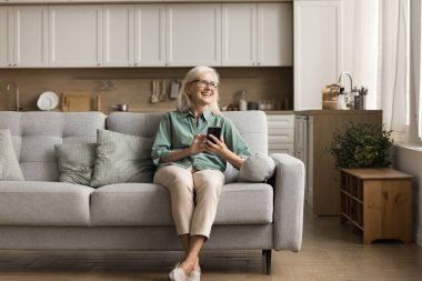 Evin rahatlığında sanal bağlantı. Emekli aylığındaki gülümseyen yaşlı bayan rahat bir kanepeye uzan modern ev içi hücrede. İnternetten alışveriş planına bir bak aile üyesini ara.