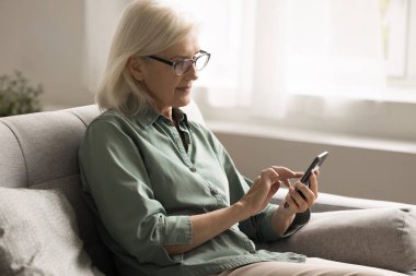 Emeklilikte dijital ilişki. Gözlüklü mutlu yaşlı kadın portresi. Kanepeye oturmuş modern akıllı telefon mesajlaşmalarıyla sohbet mesajlaşması. Sosyal medya siparişleri hakkında bilgi paylaşımı.