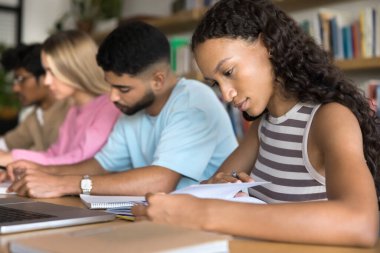 Kendi kendini eğitme. Kütüphanede çeşitli çok kültürlü akranlardan oluşan bir grupla çalışan meşgul genç kız liseli. Ders sınavına hazırlanmak için not defteri kullanıyor.