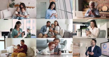 Farklı geçmişlere ve yaş gruplarına mensup farklı insanların kolajı iş yerleri ve evlerdeki mobil cihazlarıyla meşgul oluyor. Dünya çapında iş ve kişisel iletişim, modern mobil uygulama kullanımı