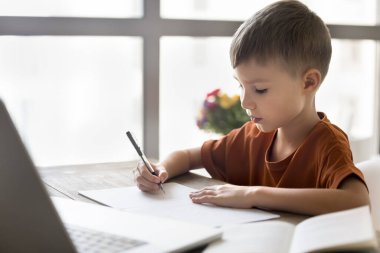 Çalışkan uzak öğrenci. Portre meşgul ortaokul çocuğu defter ekranında yazı yazmadan önce evde oturur sanal sınıfta öğretmenden sonra ödev yaparak not alır. Boşluğu kopyala