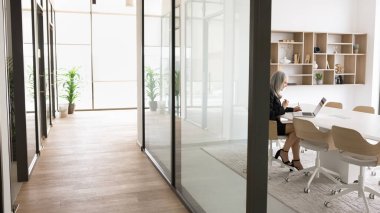 Modern çalışma alanı. Resmi takım elbise inceleme belgelerinde yaşlı iş kadını müdürü genel müdür. Çağdaş tasarlanmış cam duvarlı açık ofis konferans odasında defter kullan. Boşluğu kopyala