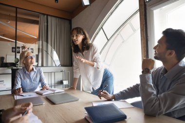 Ciddi kadın lider CEO 'su projeyi sunuyor, çeşitli yönetim kurullarına sesleniyor. Uluslararası profesyonel iş adamları çalışıyor, yönetim kurulu toplantısında mali stratejiyi tartışıyor