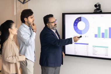 Üst düzey erkek profesyonel, dijital ekranda iki genç meslektaşına finansal verileri sunuyor dikkatle dinleyen monitör ekranlarının yanında duruyor. Giderlerin ya da performans ölçümlerinin analizi