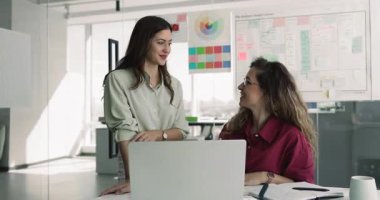 Başlangıçta birlikte çalışan mutlu genç bayan meslektaşlar, dizüstü bilgisayarda online ürünü tartışıyorlar, iş yerinde buluşuyorlar, ekranı gösteriyorlar, gülümsüyorlar. Müdür danışman iş arkadaşı, tavsiye istiyor.