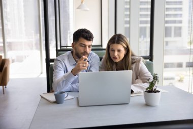 Bilgisayarla düşünüyorum. Çok ırklı iş ortakları orta yaşlı kadın akıl hocası genç adam bilgisayar kullanarak modern internet kafede masada oturuyor ve birlikte proje üzerinde çalışıyoruz.