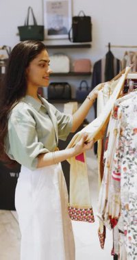 Moda mağazasında zarif pantolonları inceleyen, şık markalı giysileri seçen, perakende mağazasında kumaşla askılık tutan mutlu genç Hintli kadın.