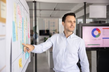 Düşünceli adam yana bakıyor, beyaz tahtanın yanında duruyor, renkli yapışkan notlarla birlikte bireysel görevler, kurumsal hedefler, düşünceler, arama çözümleri, yaratıcı fikirler üzerinde kafa yoruyor ya da bilgi alıyor.