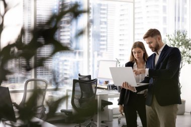 Çağdaş açık ofis çalışma alanı. İki genç iş arkadaşı birlikte dizüstü bilgisayarda iş içeriğini tartışıyorlar. İşbirliği için alet kullanıyorlar. Gizli çekim.