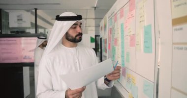 Arap iş adamı geleneksel kandura 'da renkli not ve çizelgelerle dolu büyük beyaz tahtanın önünde duruyor, belgeleri tutuyor, analiz tahtasını tutuyor, strateji planlıyor veya projeyi gözden geçiriyor.