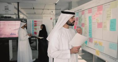 Müslüman kıyafetleri içindeki ciddi Arap işadamı yapışkan notlar üzerindeki görevleri analiz ediyor, Kanban yönetim kurulunda düşünüyor, çeneye dokunuyor, ofis çalışma alanındaki iş modeli kanvasında çalışıyor