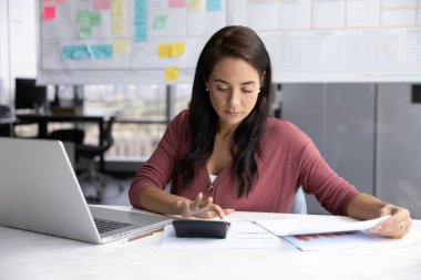 Faturalar ve bilgisayarla masaya oturmuş hesaplamalar üzerinde çalışan bir kadın, çizelgeler ve veri tabloları da dahil olmak üzere finansal belgeleri analiz ederken hesap makinesi kullanıyor, planlama, bütçe ve veri analizi yapmakla meşgul.