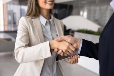 İş adamı ve kadının ofiste toplanması, istişareyi bitirmesi, işbirliği, ortaklık, anlaşma sağlanması, anlaşma sağlanması için teşekkür edilmesi. Kırpılmış atış