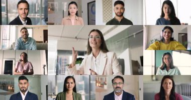 Multinational businesspeople take part in videocall meeting event by business-related topics, sharing strategy, offer or deal details, listening speech of female leader holds videocall, collage view