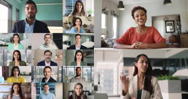 Collage view, group of multiethnic business people using video call app for remote worldwide global communication. Innovations, integration of modern technologies in our life, diversity, interaction