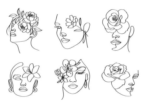 女性の頭花女性の顔エレガントなラインアート — ストックベクタ