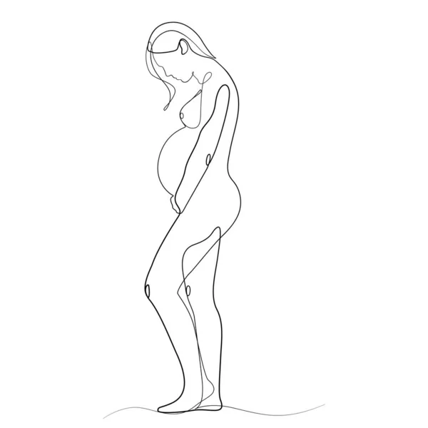 Pregnancy Woman Her Belly Elegant Continues Line Drawing Minimalist Art — Stock Vector