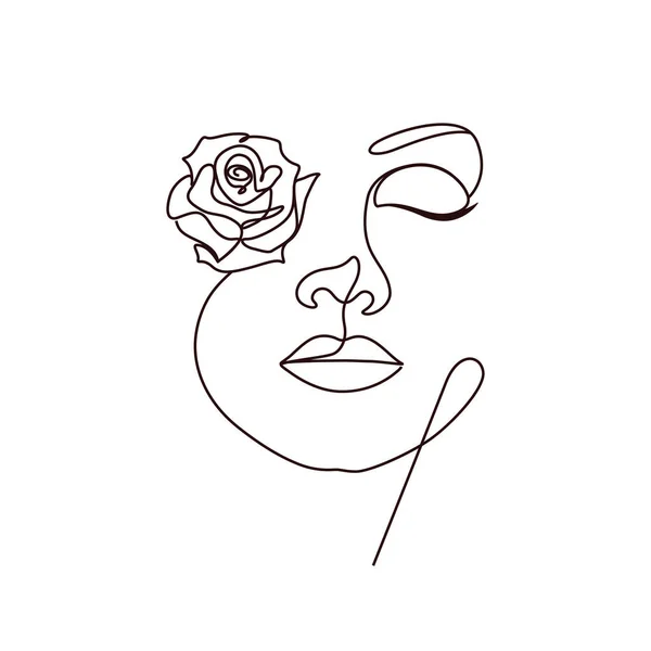 Žena Krása Tvář Květinami Minimalistický Line Art — Stockový vektor