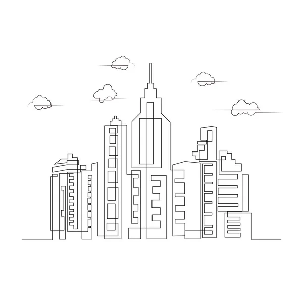 Stadtgebäude Skyline Mit Wolken Minimalistische One Line Art — Stockvektor