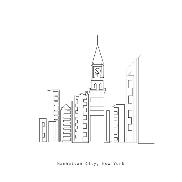 Özgürlük Anıtı New York Şehir Binaları Tek Hat Sanat Çizgisi — Stok Vektör