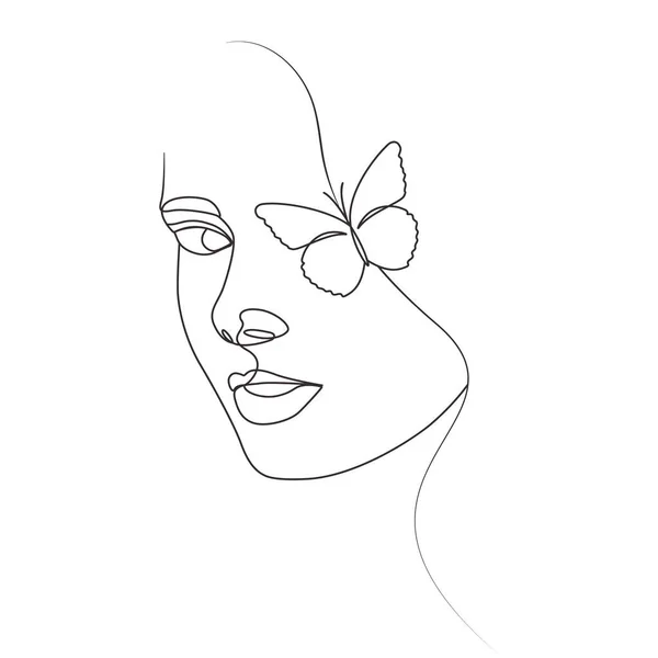 Mujer Ojos Cabeza Mariposa Lineal Elegante Línea Arte Dibujo — Vector de stock