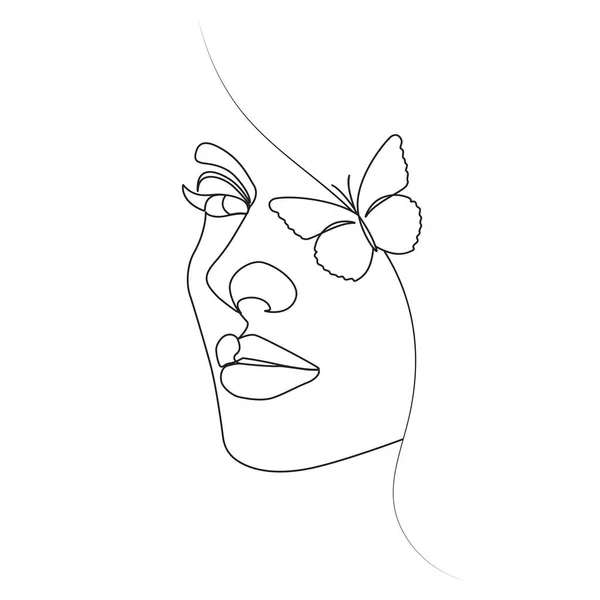 Kepala Wanita Dengan Mata Kupu Kupu Elegan Linear Satu Baris - Stok Vektor