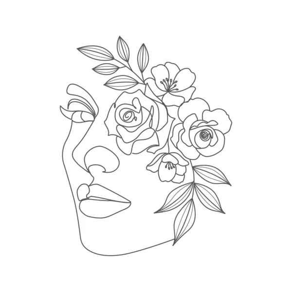 Woman Head Eyes Flowers Linear Elegant Line Art — Stock Vector
