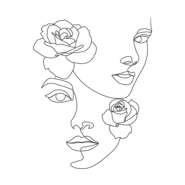 Mujeres Ojos Cabeza Con Flores Dibujo Línea Arte Ilustración — Archivo Imágenes Vectoriales