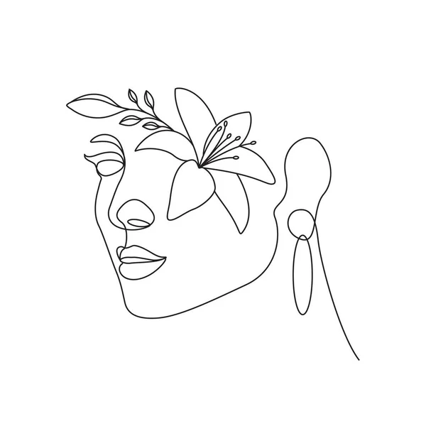 花のある女性の頭線画エレガントなラインアートワーク — ストックベクタ