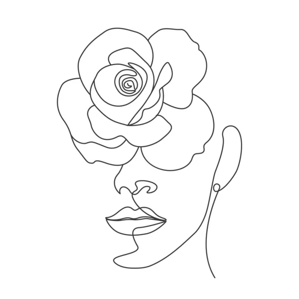 Weiblicher Kopf Mit Blumen Lineare Zeichnung Rose Minimalistisches Kunstwerk — Stockvektor