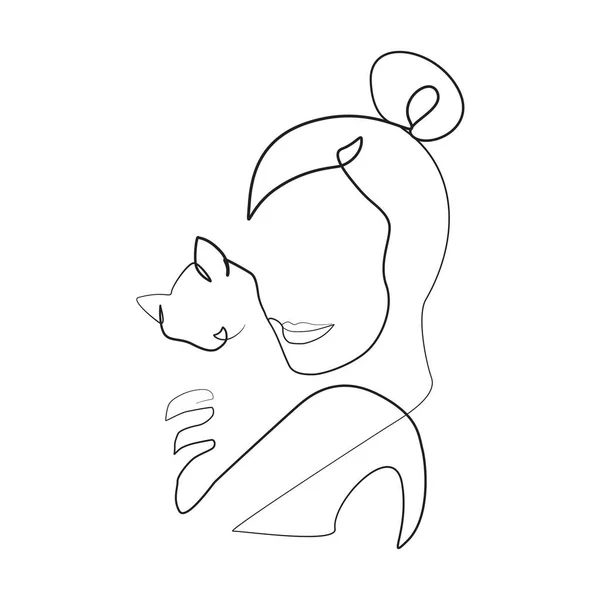 Mujer Con Gato Ilustración Arte Una Línea — Archivo Imágenes Vectoriales