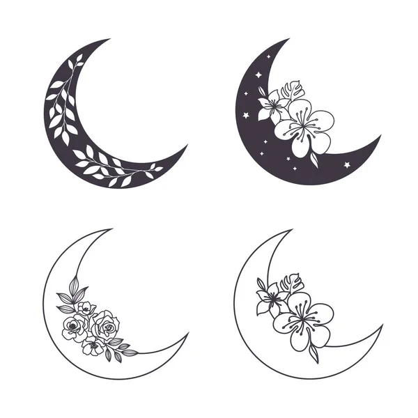 Crescent Moon Flowers Trendy Minimal Line Art Style — Stock Vector