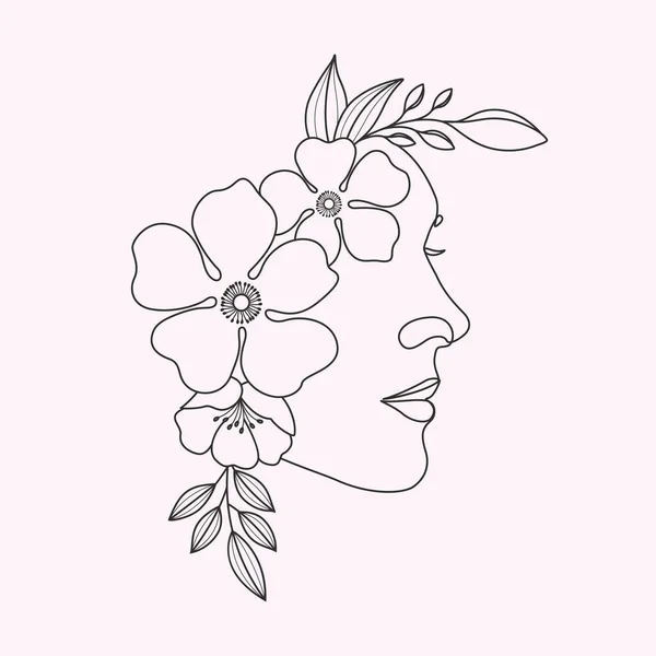 Handgezeichneter Linearer Frauenkopf Mit Blumenkunstwerk — Stockvektor