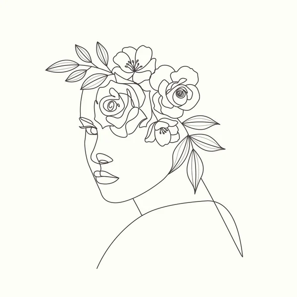 Kvinnligt Huvud Med Blommor Elegant Linje Konstverk — Stock vektor