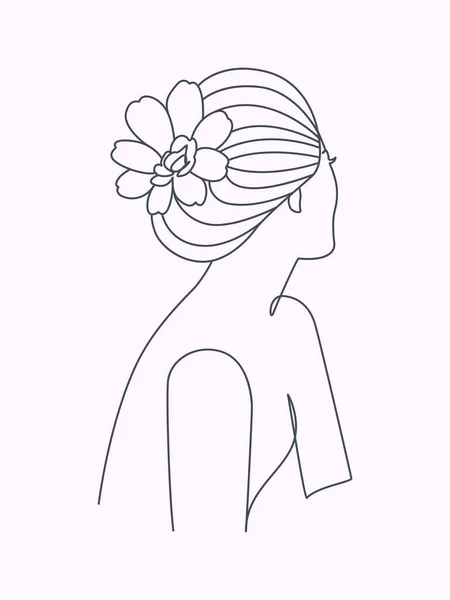 Beautiful Woman Hair Style Flower Elegant Line Artwork — Stock Vector