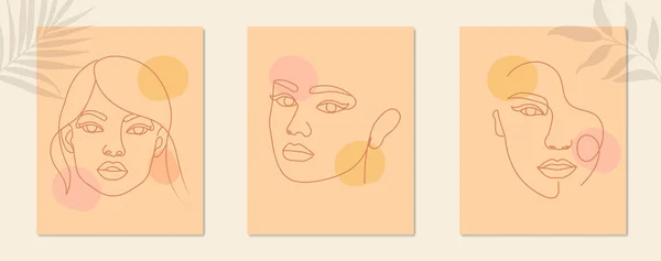 Красива Жінка Обличчям Лінії Малювання Колекція Набору Плакатів — стоковий вектор