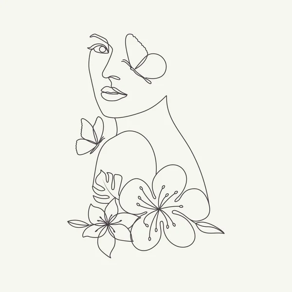 Piękna Kobieta Głowa Motyli Kwiatów Elegancka Linia Grafiki — Wektor stockowy
