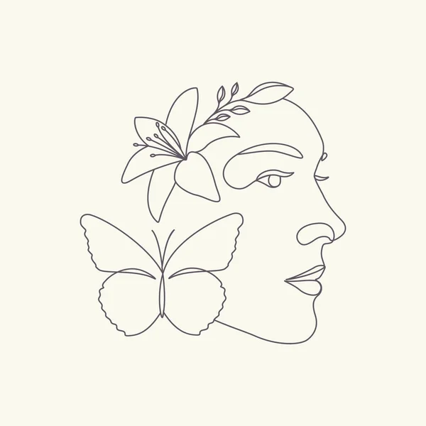Handgezeichneter Frauenkopf Mit Schmetterling Und Blume Schönheit Gesicht Minimale Linie — Stockvektor