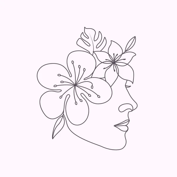 Hand Drawn Woman Head Flowers Beauty Floral Face Elegant Minimal — Stock Vector