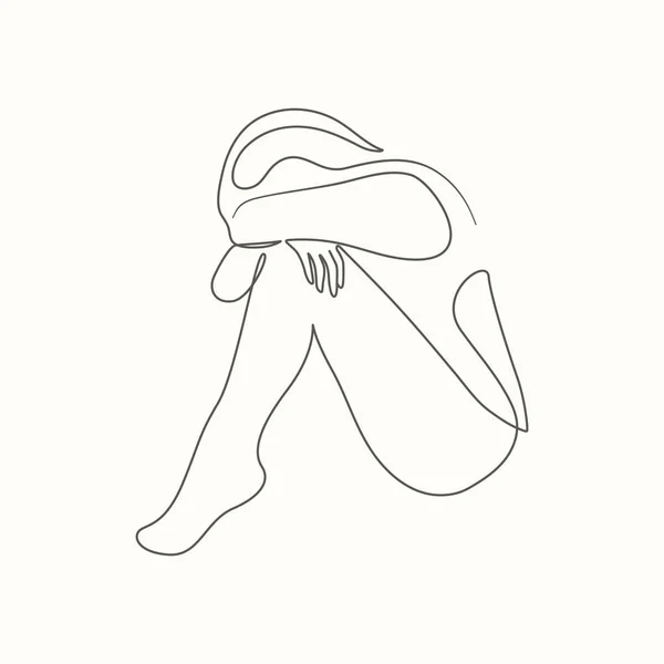 Ručně Kreslené Pokračuje Čára Umění Smutná Dívka Sedí Umělecké Dílo — Stockový vektor