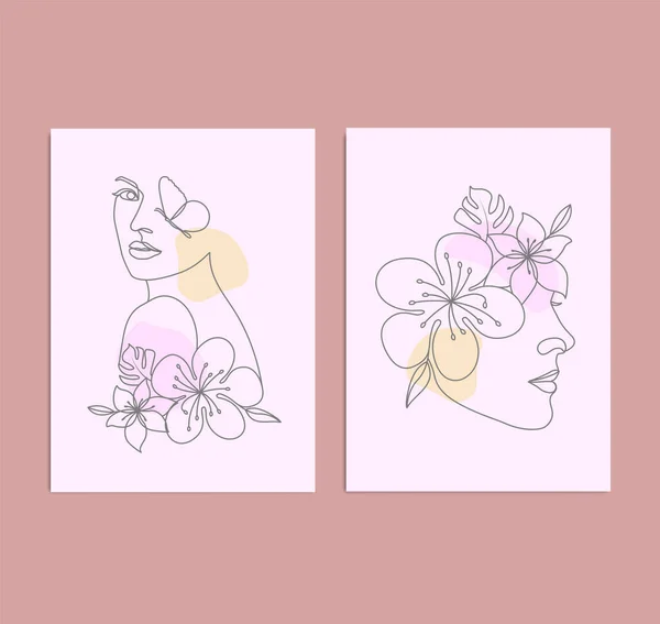 Femme Dessinée Main Avec Des Fleurs Des Papillons Affiche Art — Image vectorielle
