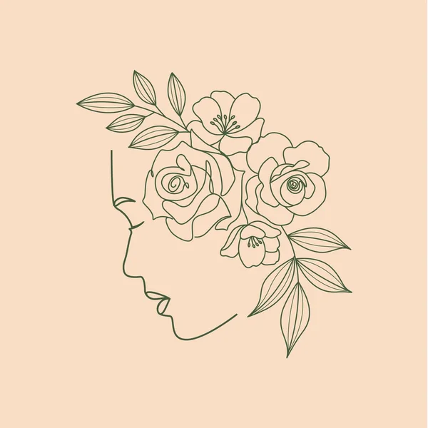 Woman Head Flowers Hand Drawn Line Artwork — Stock Vector
