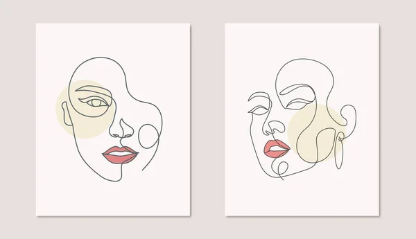 美容室女性顔抽象ファッション女の子1ラインアートポスターセット — ストックベクタ