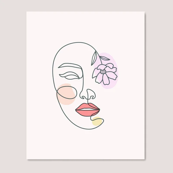 Mooie Vrouw Met Bloemen Gezicht Een Lijn Kunst Tekening Poster — Stockvector