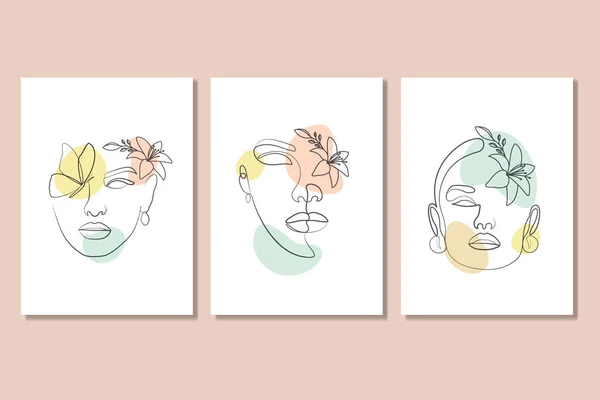 Kobieta Kwiatami Linia Art Print Natural Beauty Salon Twarz Plakat — Wektor stockowy