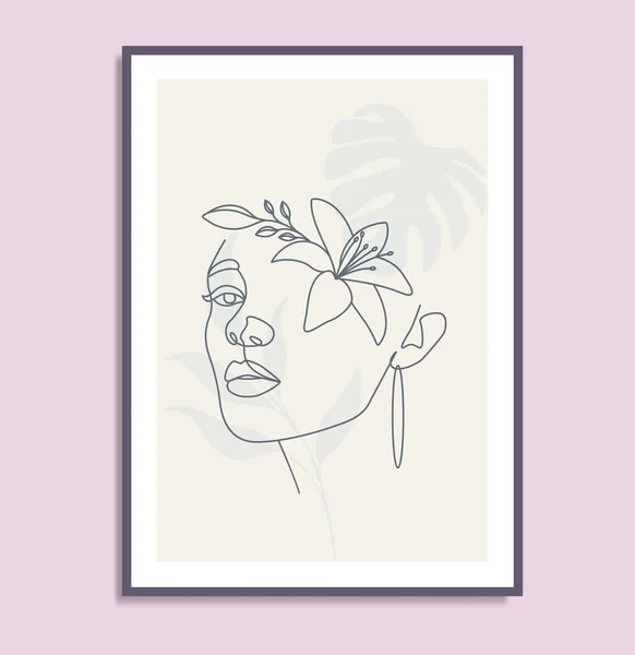 Квіткова Жінка Голова Природна Лінія Обличчя Арт Плакат — стоковий вектор